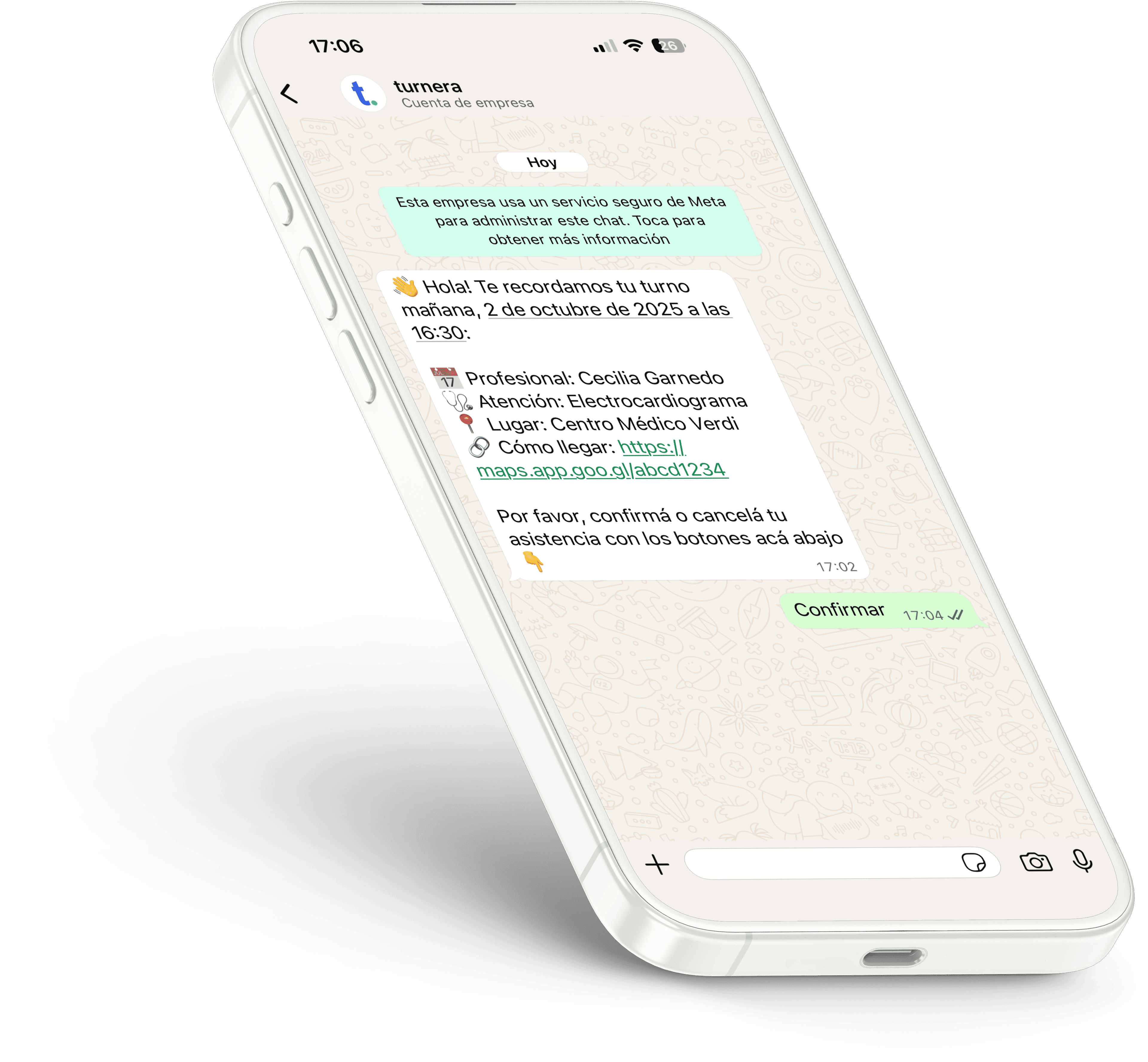 Aplicación móvil de Turnera mostrando recordatorio por WhatsApp para pacientes, con confirmación de turno médico y reducción de ausentismo